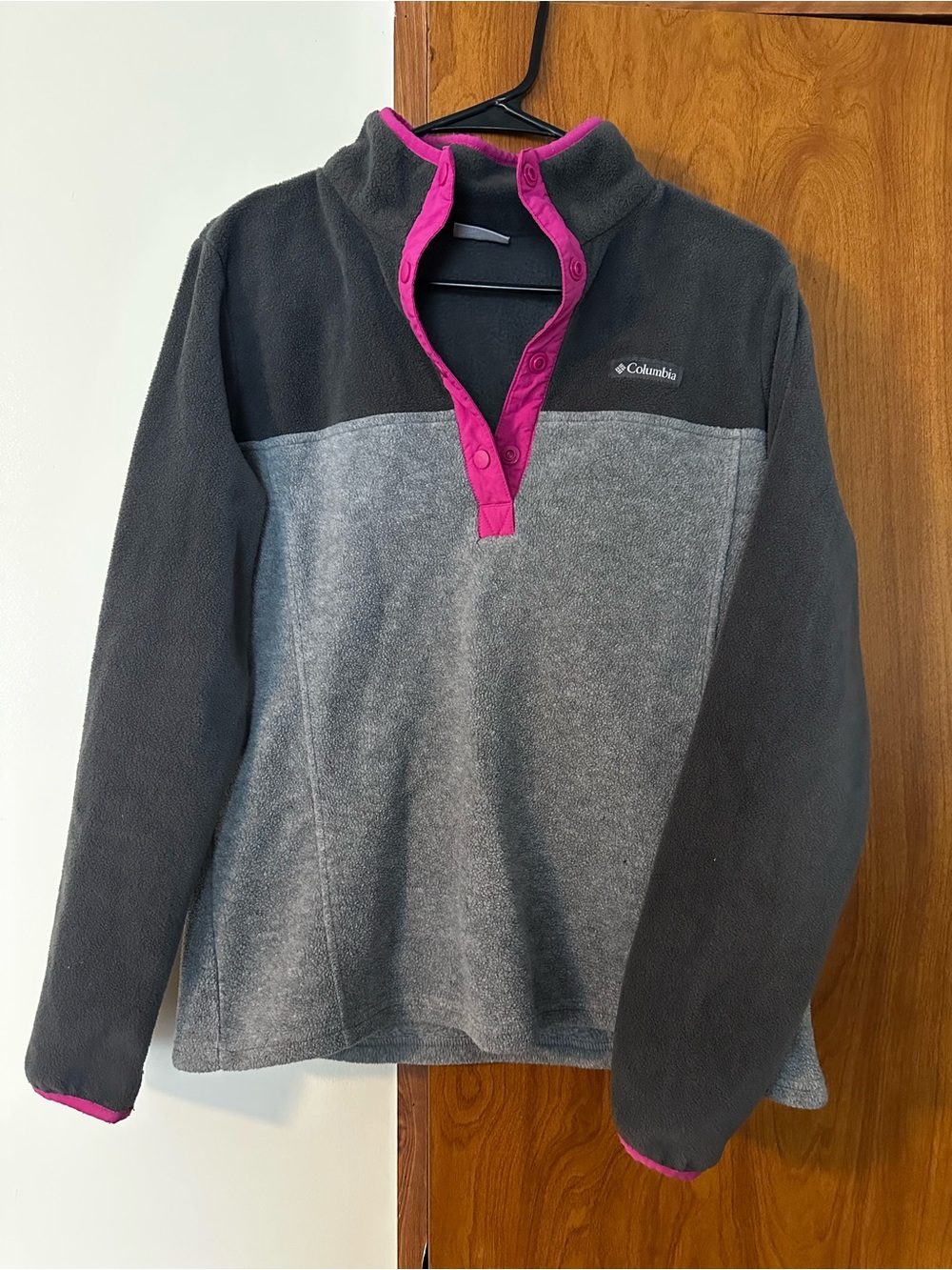 Columbia Gray and Dark Gray Fleece Pullover with Pink Snap Placket